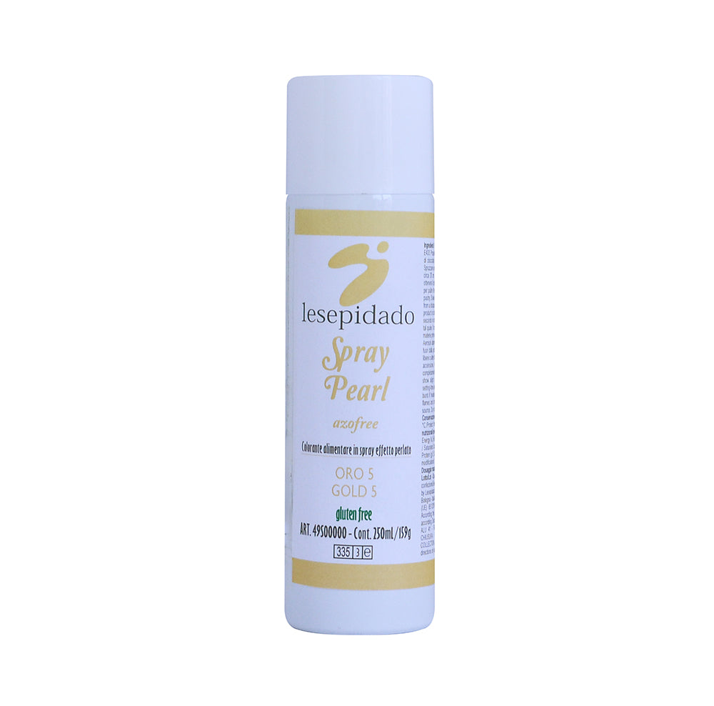 Bomboletta spray bianca con tappo e etichetta con scritta gialla spray pearl gold su fondo neutro codice prodotto e contenuto di 250ml