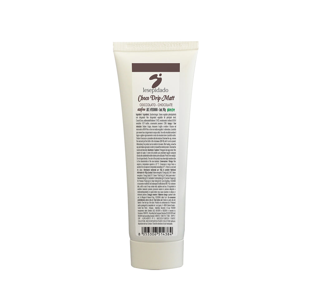 Tube et bouchon blanc avec étiquette écrite en marron du produit Choco Drip Top Chock Matt au chocolat