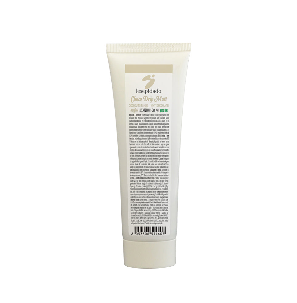 Tube blanc avec étiquette beige Choco Drip Top Chock avec liste des ingrédients imprimée en noir et code-barres