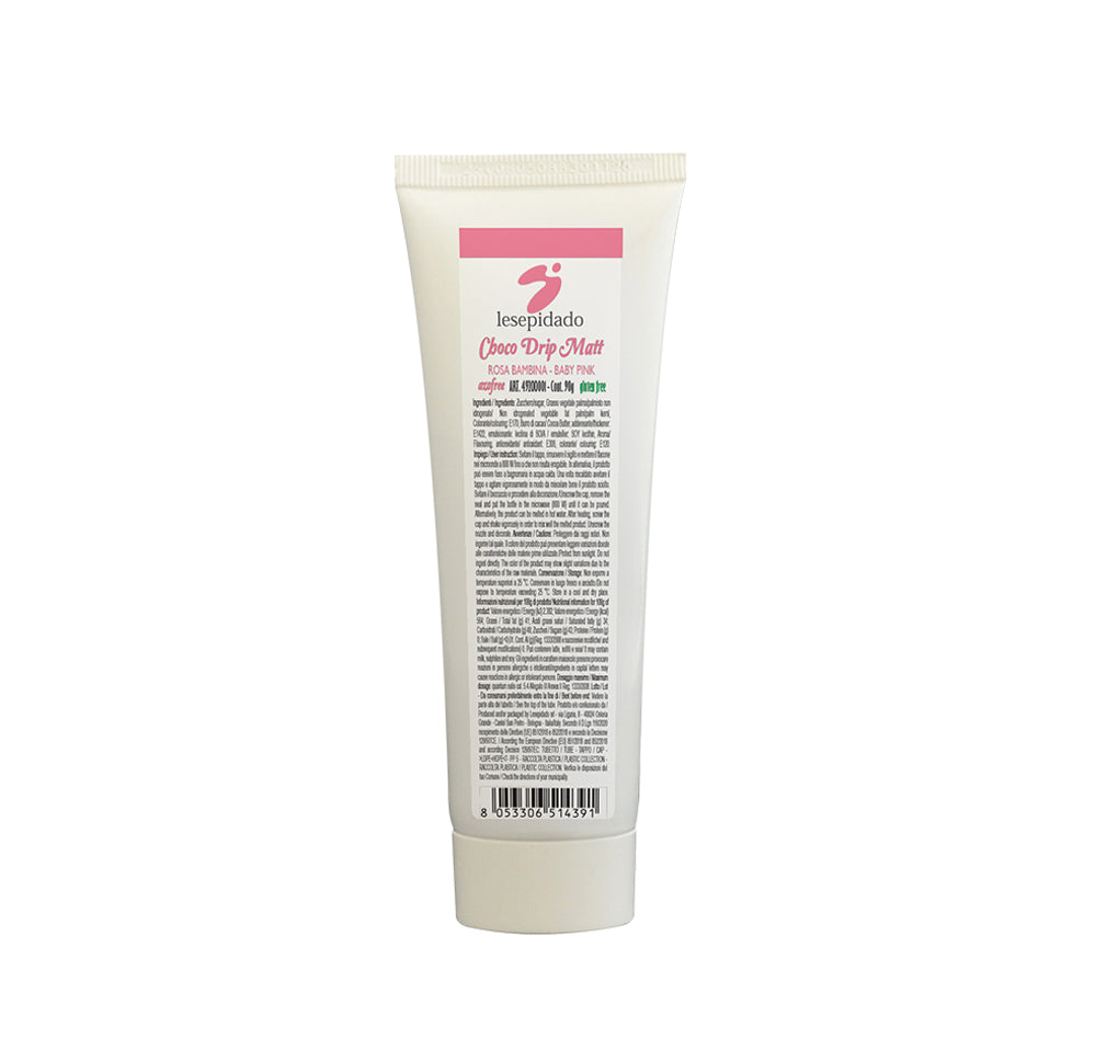 Tube blanc avec étiquette rose du produit Choco Drip Top Chock Matt, présenté de face avec bouchon à vis et code-barres