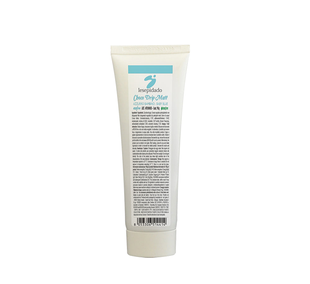 Tube blanc avec étiquette bleu clair du produit Choco Drip Top Chock Matt, présenté de face avec bouchon à vis et code-barres