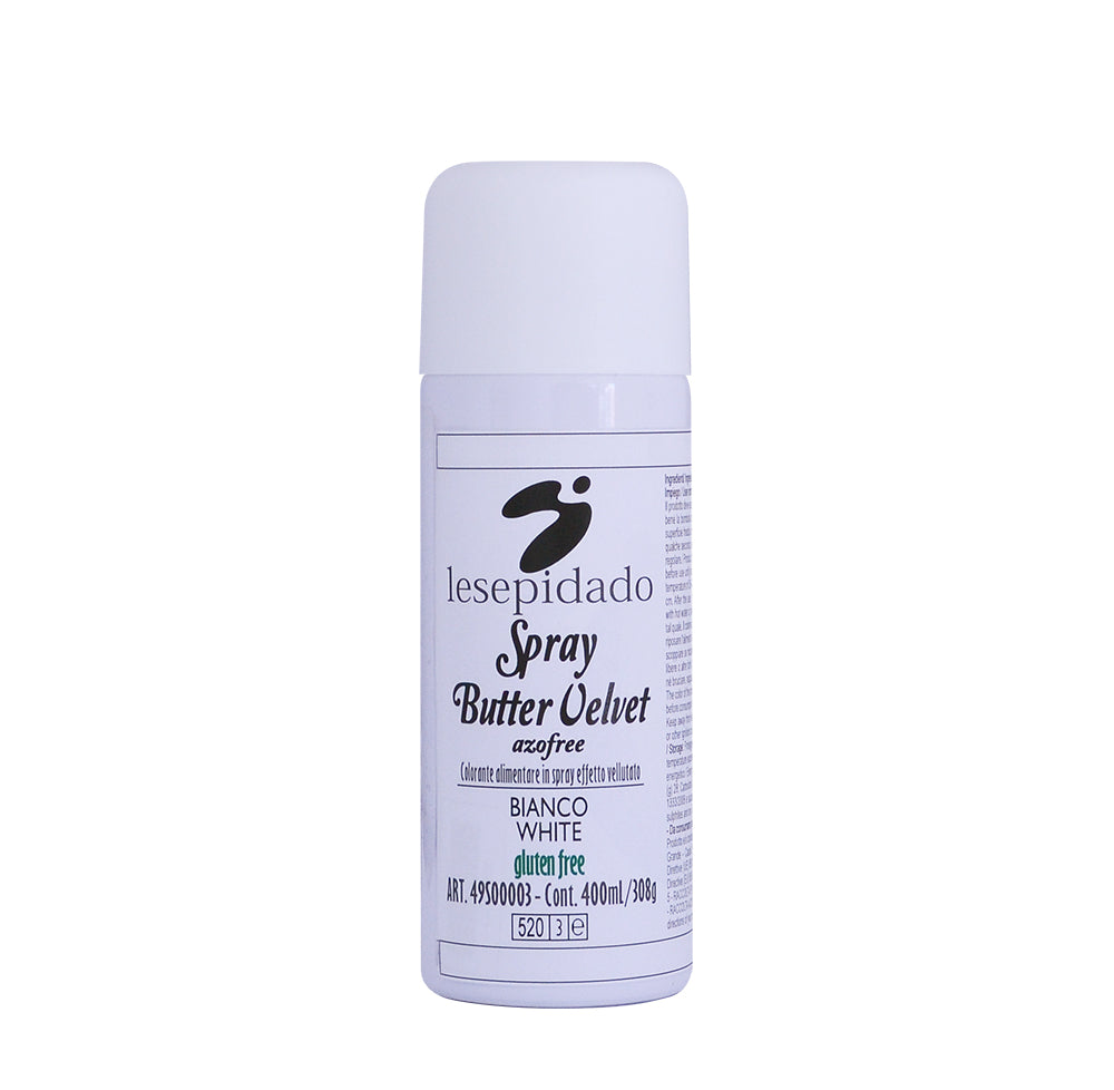 Bomboletta spray bianca con tappo bianco. Etichetta bianca con scritta Lesepidado spray butter velvet in nero con traduzione in inglese e codice articolo e contenuto di 400ml