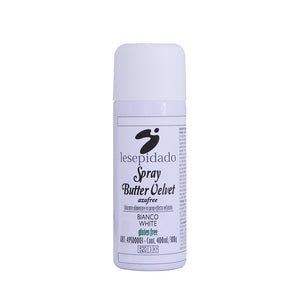 Bomboletta spray bianca con tappo bianco. Etichetta bianca con scritta Lesepidado spray butter velvet in nero con traduzione in inglese e codice articolo e contenuto di 400ml