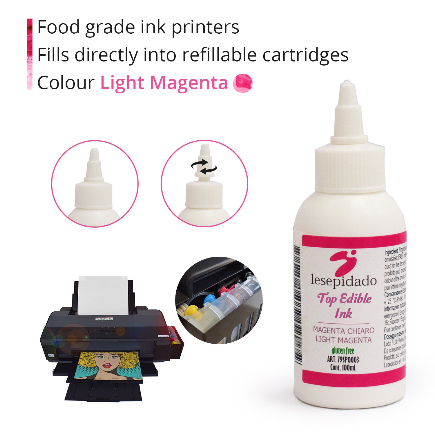 Encre alimentaire Magenta clair 100 ml pour imprimantes type Epson