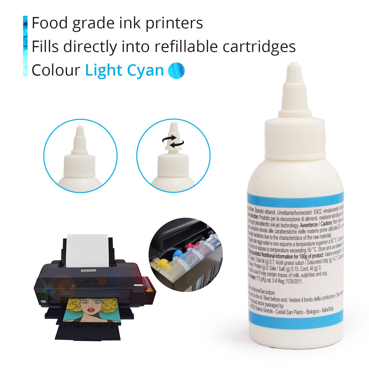 Encre alimentaire cyan clair 100 ml pour imprimantes de type Epson